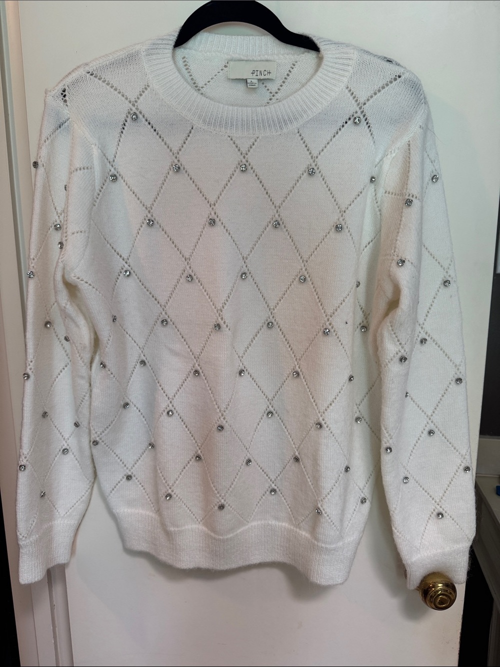 Pinch White Crewneck Sweater with Rhinestone Detail From Avara - L